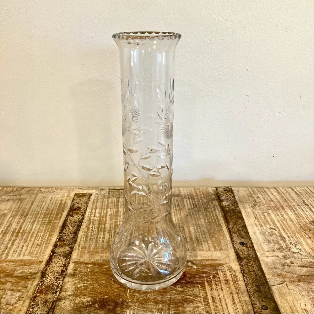 Vintage Etched Glass Vase with Floral Design Starburst Base Cottagecore Decor